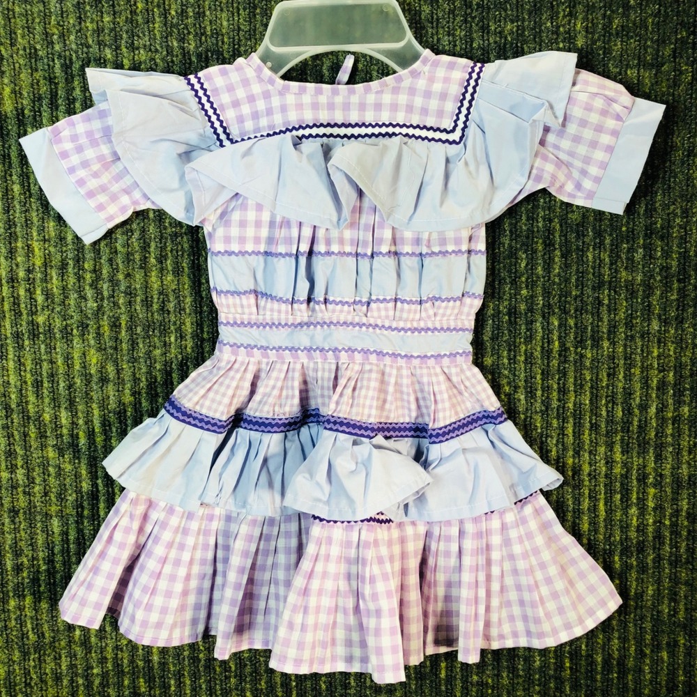 Kids Lavender Gingham Ruffle Tiered Dress‎ with Navy Trim
